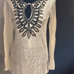 INC International Concepts White Linen Top with Black Embroidery